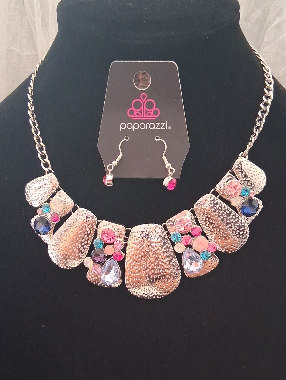 paparazzi Silver-Tone Statement Necklace with Pink, Blue & Aqua Gems
